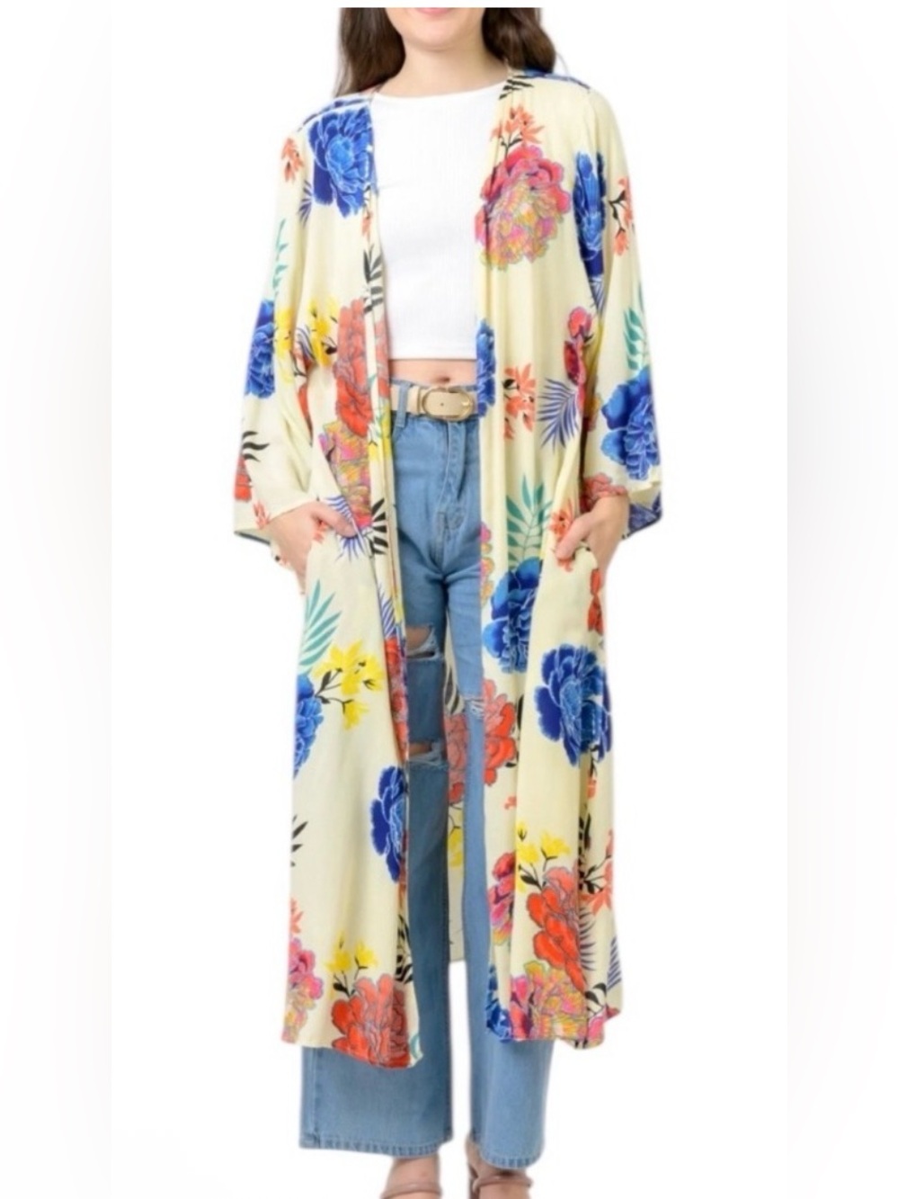 Rhea Floral Cream Kimono Duster Lightweight Women’s 100% Viscose NWT Size L/XL - Picture 2 of 11